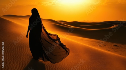 A stunning woman with her face veiled, walking alone in the serene desert, her silhouette standing out against the sun-kissed dunes, evoking a sense of adventure and serenity
