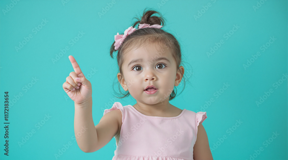 Portrait of a 2-Year-Old Girl in a Pastel Pink Dress Pointing Upwards Toward Copy Space on a Turquoise Background – Perfect for Advertising, Marketing, or Child-Centered Designs Portrait of a 2-Year-Old Girl in a Pastel Pink Dress Pointing Upwards Toward Copy Space on a Turquoise Background – Perfect for Advertising, Marketing, or Child-Centered Designs