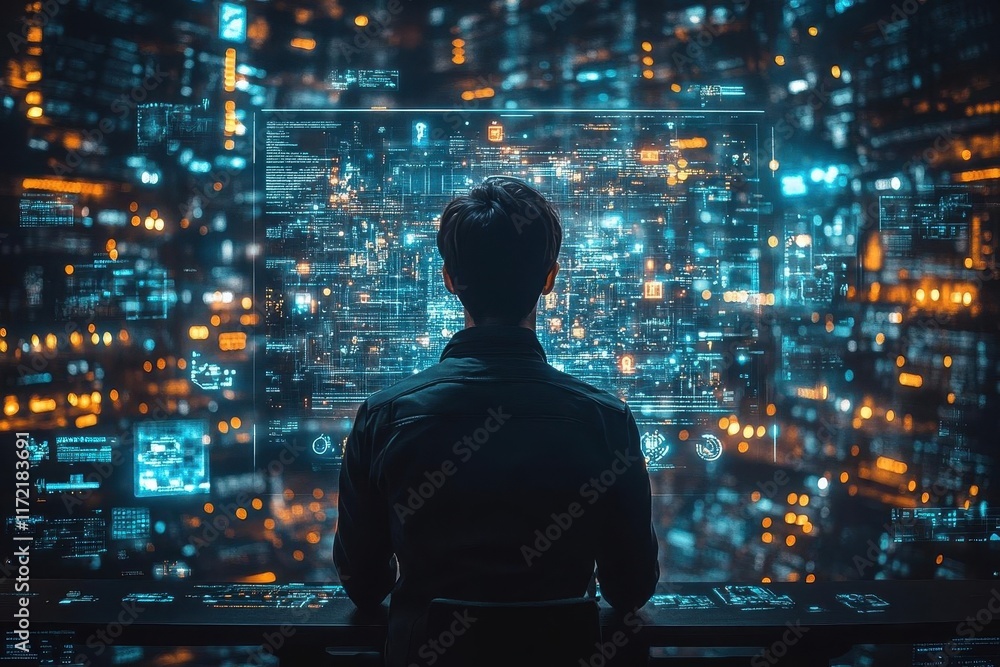 futuristic workspace with a man immersed in a digital landscape surrounded by holographic displays of data and icons embodying the essence of the internet and metaverse futuristic workspace with a man immersed in a digital landscape surrounded by holographic displays of data and icons embodying the essence of the internet and metaverse