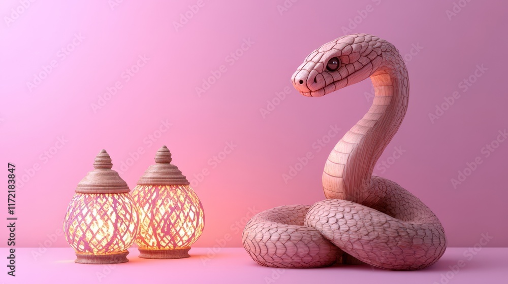 Fototapeta premium Wooden Snake and Illuminated Lanterns on Pink Background