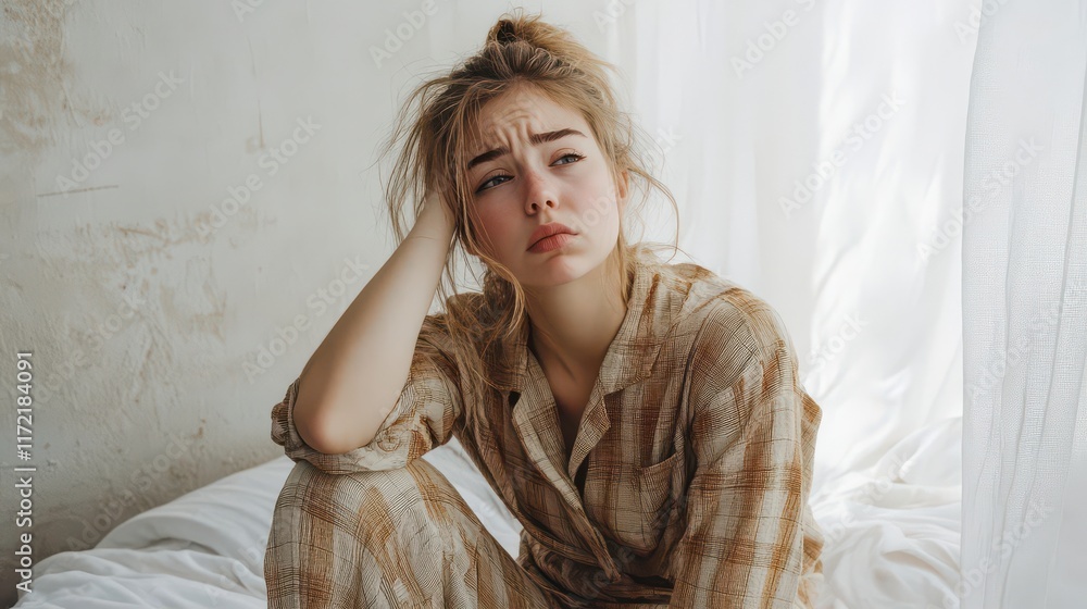 Fototapeta premium Pensive Young Woman in Cozy Setting