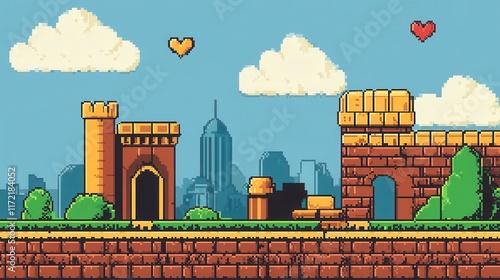 Retro 8-bit pixel art game interface background, evoking nostalgia with its classic video game aesthetics.