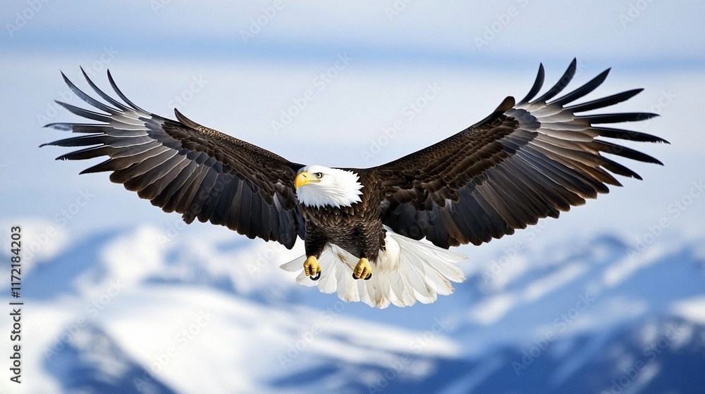 Majestic bald eagle in flight over snowy mountains. (1) Majestic bald eagle in flight over snowy mountains. (1)
