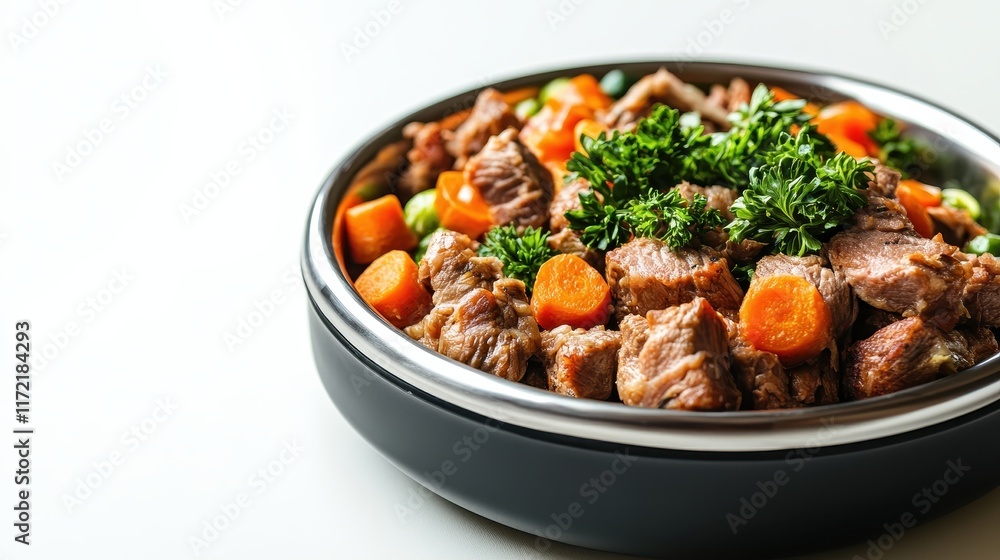 Delicious stew with meat, carrots, and peas. Perfect for illustrating healthy pet food or home-cooked meals. Delicious stew with meat, carrots, and peas. Perfect for illustrating healthy pet food or home-cooked meals.