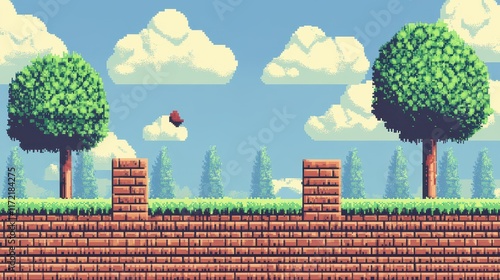 Retro 8-bit pixel art game interface background, evoking nostalgia with its classic video game aesthetics. photo