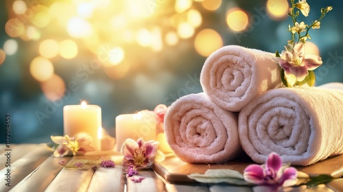 Roll-up towels paired with candles and flowers create a serene and luxurious atmosphere for a massage spa treatment, promoting relaxation, wellness, and healthy skin practices. photo