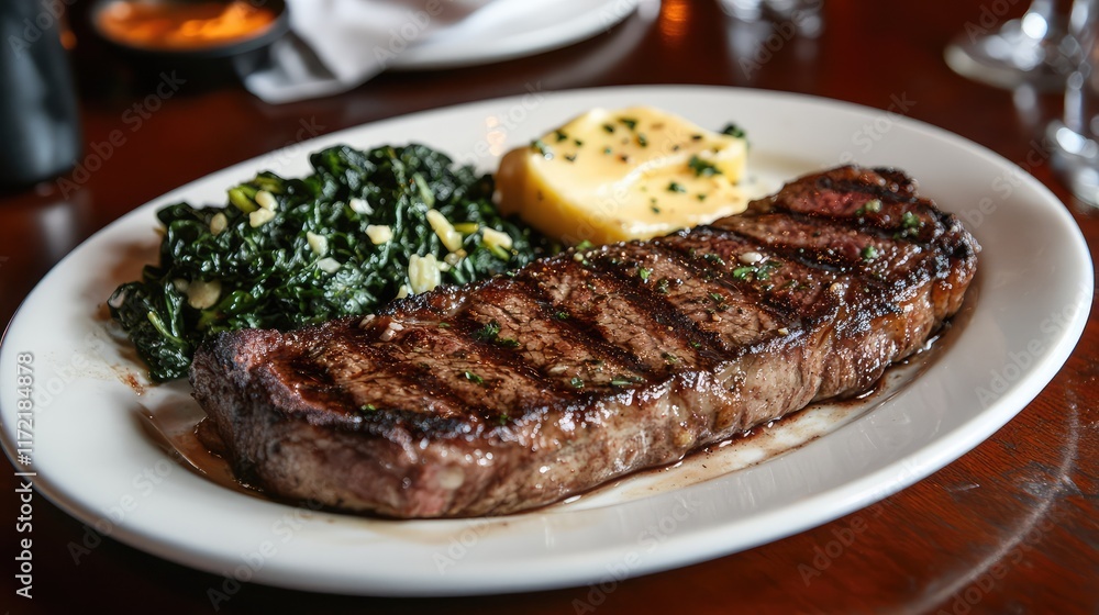 A clean white plate with a serving of beef steak topped with garlic butter and a side of sauted spinach. A clean white plate with a serving of beef steak topped with garlic butter and a side of sauted spinach.