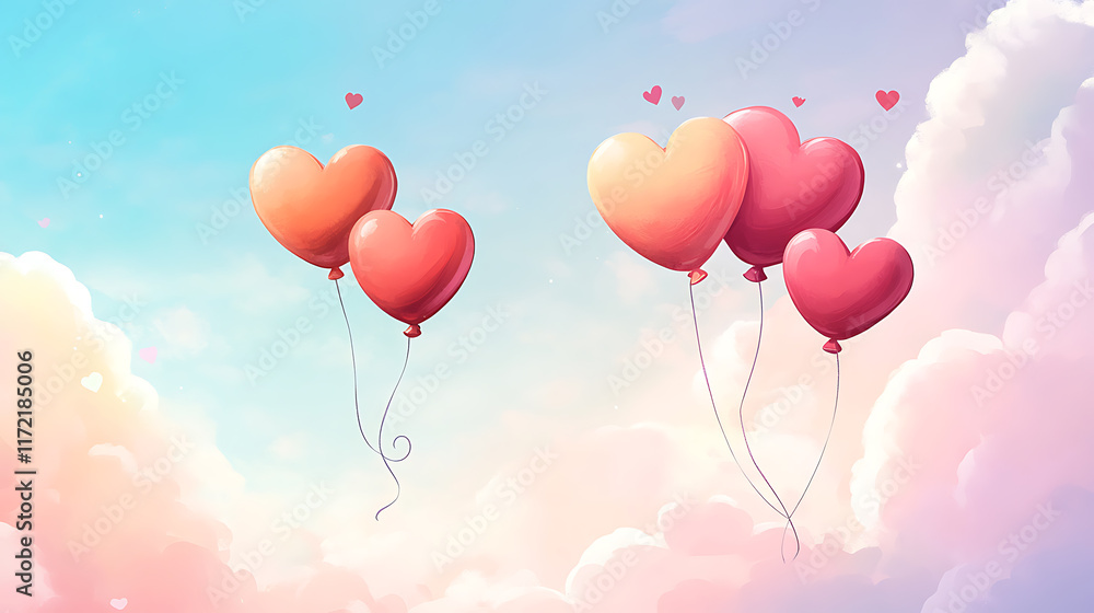 Valentine's card design with heart-shaped balloons and pastel skies, perfect for a lighthearted tone Valentine's card design with heart-shaped balloons and pastel skies, perfect for a lighthearted tone