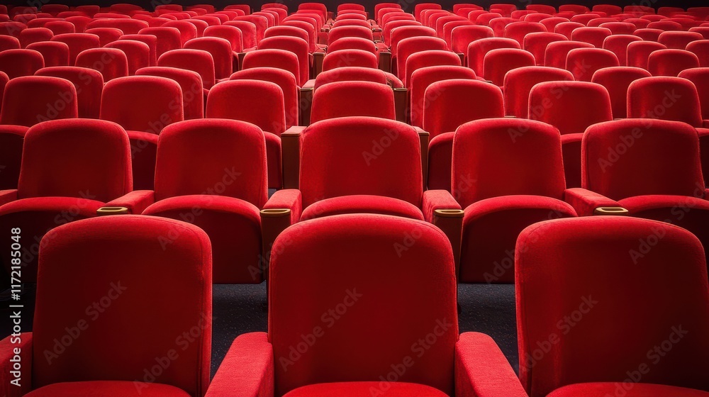 Fototapeta premium Rows of red cinema or theatre seats arranged neatly against a plain background, evoking a sense of anticipation and readiness for a performance or film.