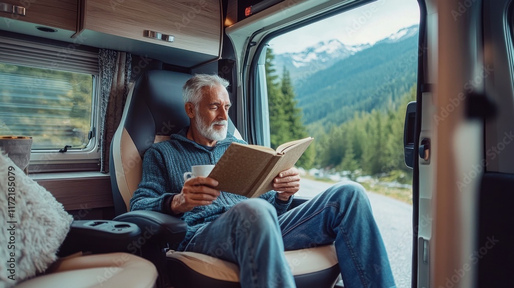 Fototapeta premium An elderly man relaxing in a comfortable chair inside a modern RV, reading a book with a cup of coffee, surrounded by peaceful nature on a road trip.