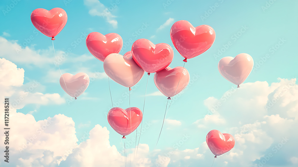 Valentine's card design with heart-shaped balloons and pastel skies, perfect for a lighthearted tone Valentine's card design with heart-shaped balloons and pastel skies, perfect for a lighthearted tone
