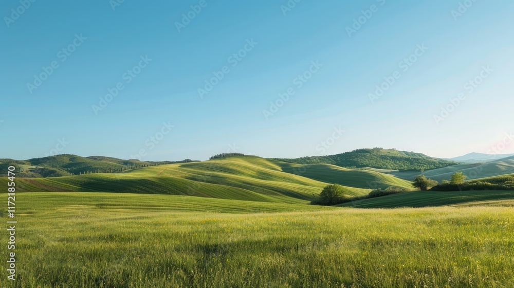 Fototapeta premium High-end photography of a serene countryside scene with rolling hills and a clear blue sky