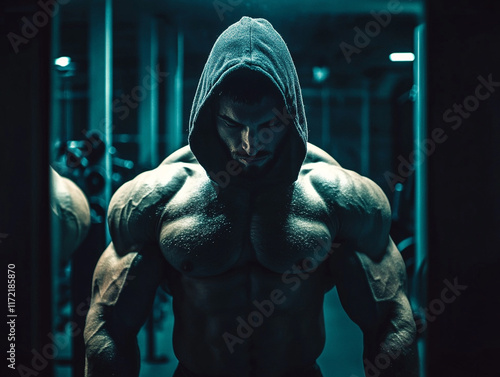 Muscular athlete person with hood in dim gym mirror ai generated