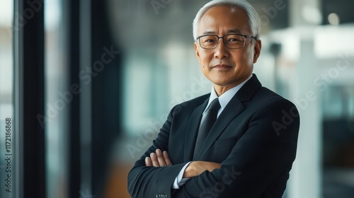 Senior Asian businessman in formal wear, exuding confidence and success in a professional office setting, emphasizing his stature and competence. photo