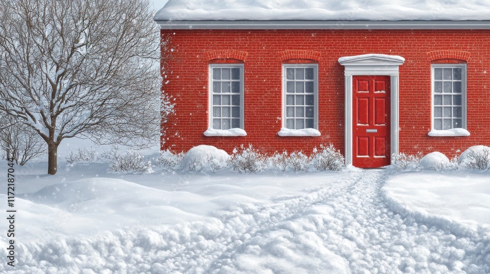 Charming Red Brick House Surrounded by Snow-Covered Landscape with a Bright Red Door and Frosty Trees in a Serene Winter Scene Charming Red Brick House Surrounded by Snow-Covered Landscape with a Bright Red Door and Frosty Trees in a Serene Winter Scene