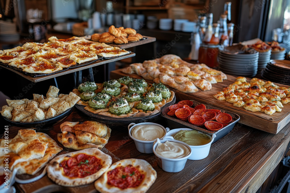 Table with a variety of pizzas & food spread out. Table with a variety of pizzas & food spread out.