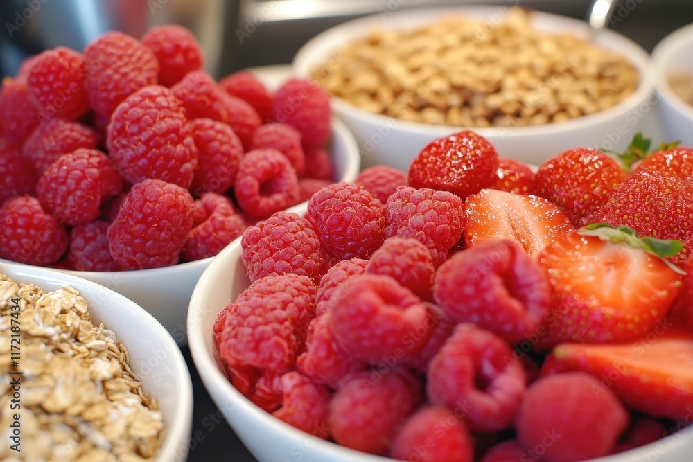 Fresh raspberries and strawberries in bowls. Perfect for healthy eating, breakfast, or dessert themes. Fresh raspberries and strawberries in bowls. Perfect for healthy eating, breakfast, or dessert themes.