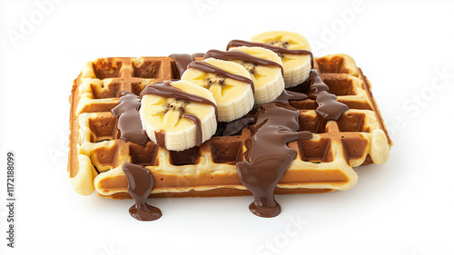 banana and nutella breakfast waffles on white background
