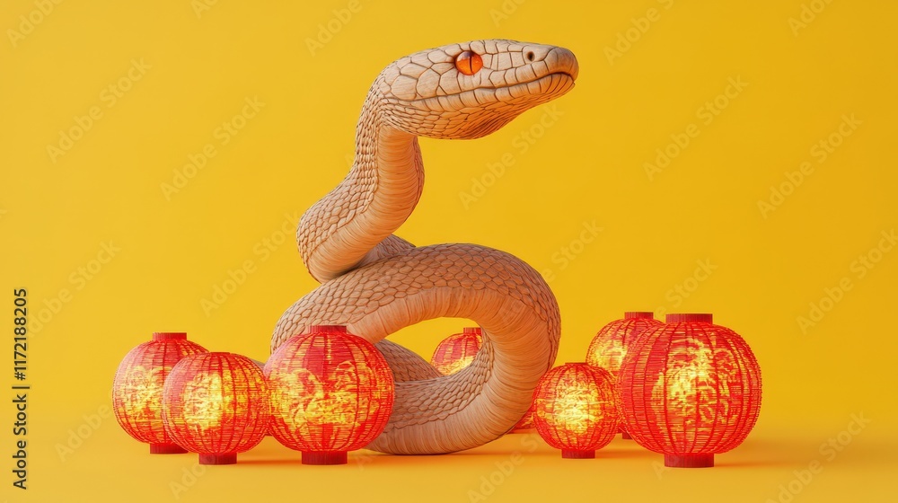 Fototapeta premium A Beige Snake Coiled Among Glowing Red Lanterns