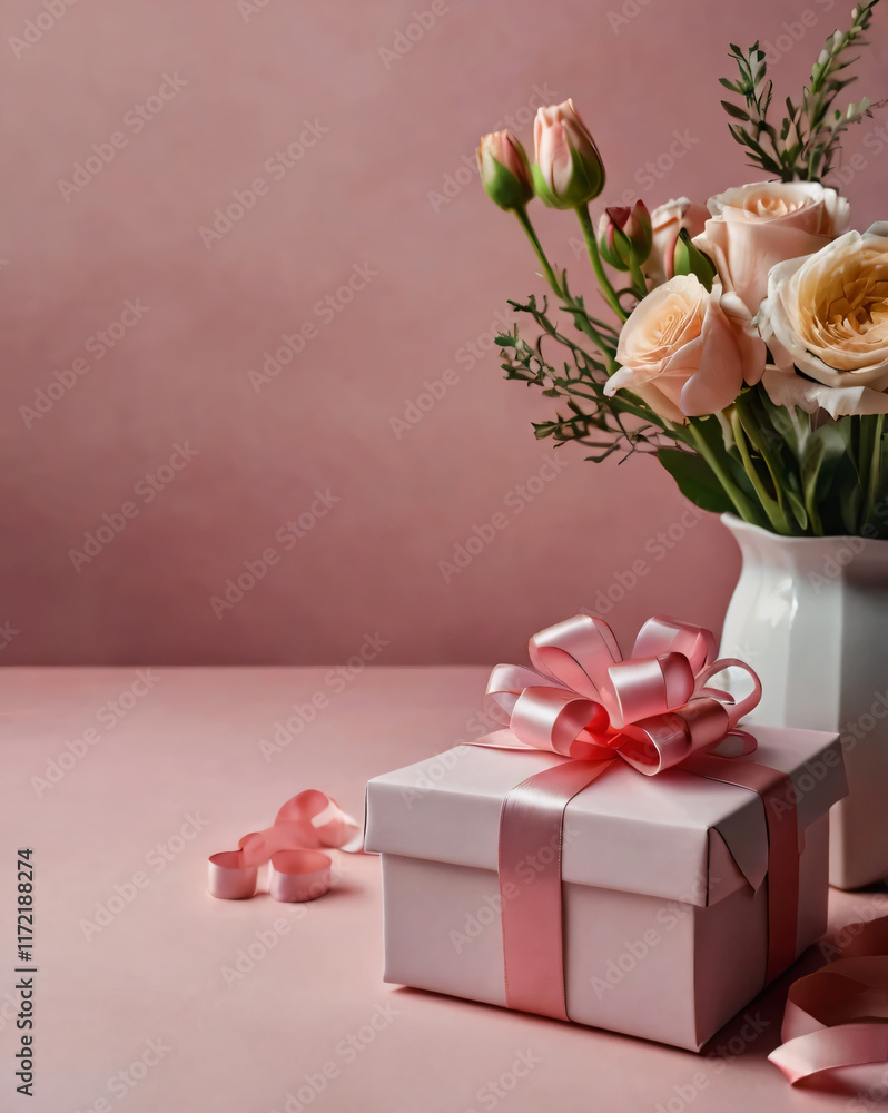 Obraz premium Gifts with ribbons and flowers on a plain background.