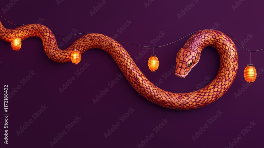 Obraz premium Orange Snake Coiled With Illuminated Lanterns
