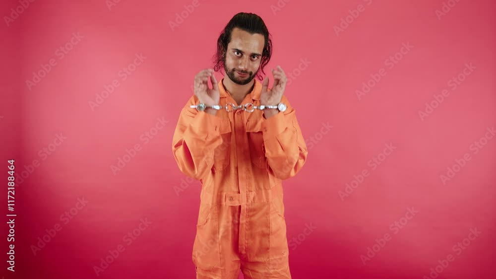 Man stands with handcuffs making a stern face Man stands with handcuffs making a stern face