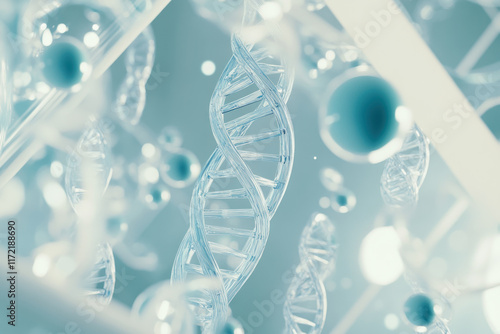 Blue and white DNA strands intertwined on a dark background, symbolizing genetic research and science advancement.