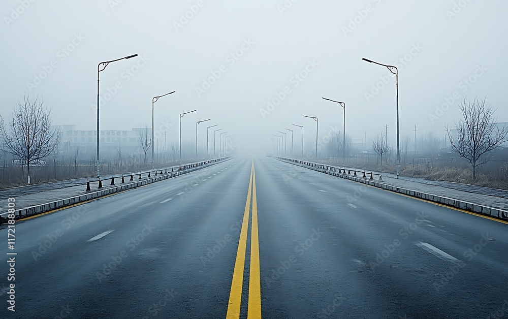 Fototapeta premium Foggy highway vanishing point, urban landscape, atmospheric perspective, travel photography.