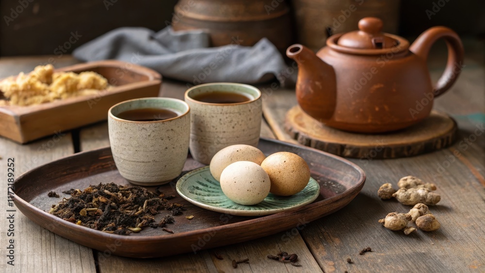 Fototapeta premium Rustic Tea Session with Alishan Tea, Eggs, and Traditional Teapot