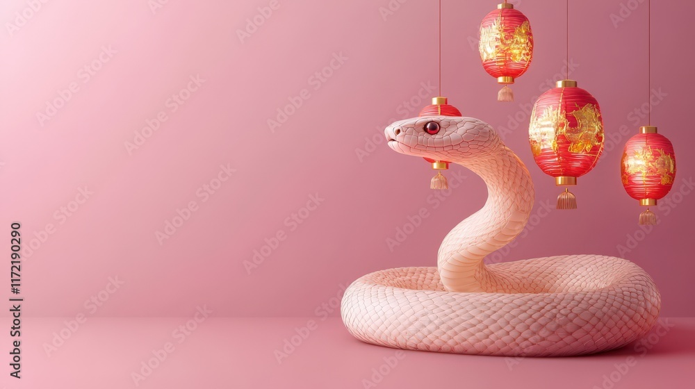 Fototapeta premium Pink Snake Coiled with Red Chinese Lanterns