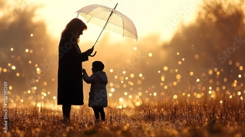 A tender moment of a grandmother and young child under an umbrella during a rainy evening, illuminated by warm golden light.
