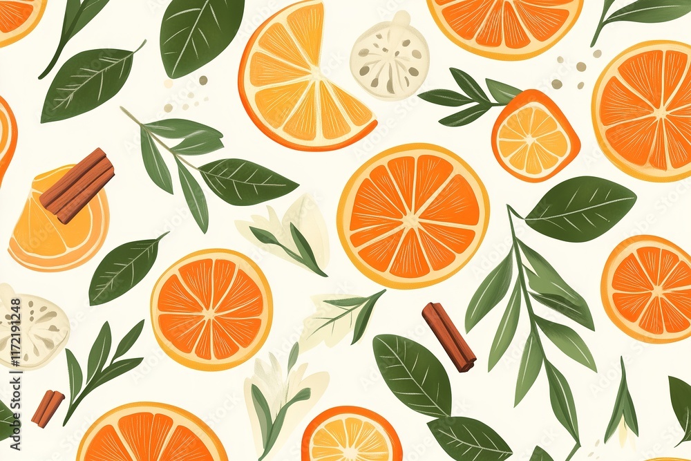 Seamless pattern with orange slices, leaves, cinnamon sticks, and spices on white background, citrus fruit repeat print, juicy oranges wallpaper, summer tropical design, vibrant color textile, refresh Seamless pattern with orange slices, leaves, cinnamon sticks, and spices on white background, citrus fruit repeat print, juicy oranges wallpaper, summer tropical design, vibrant color textile, refresh