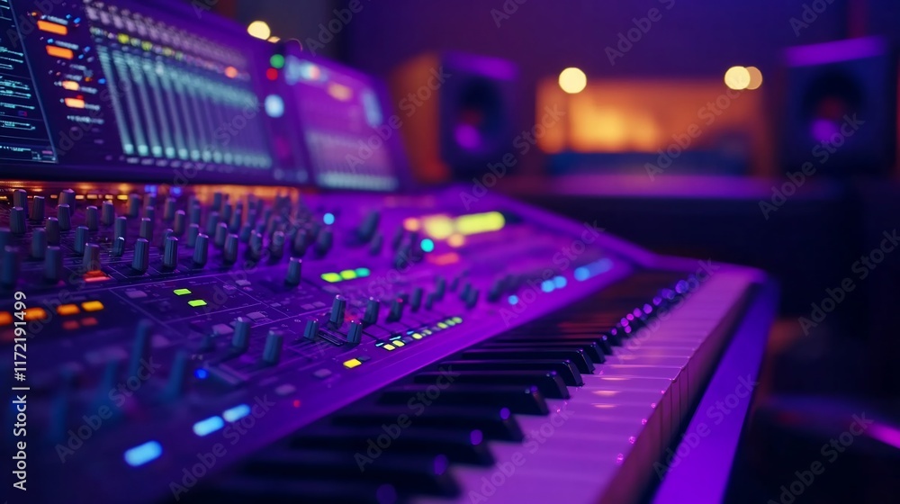Night Studio Session: Synth Keyboard and Mixer in Vibrant Purple Light Night Studio Session: Synth Keyboard and Mixer in Vibrant Purple Light