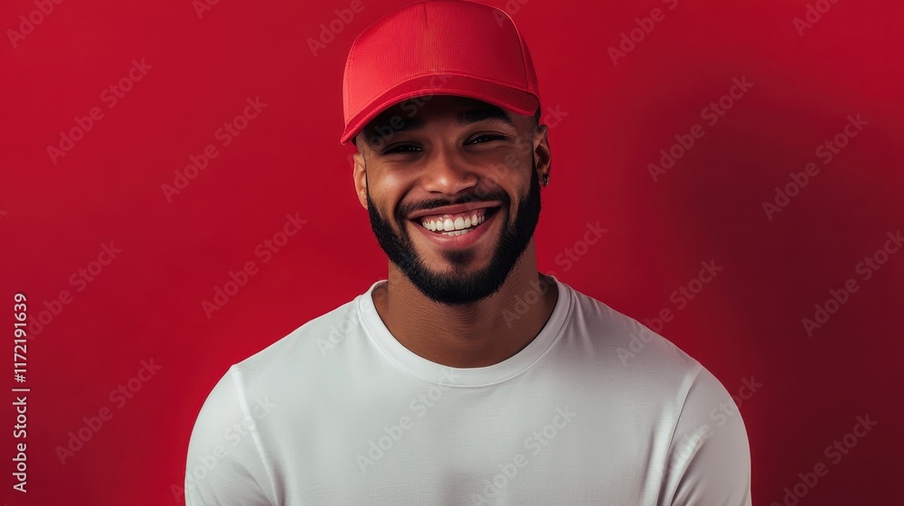 Man wearing blank red cap mockup on red background Man wearing blank red cap mockup on red background