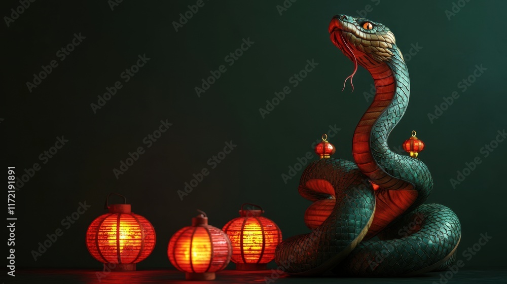 Obraz premium Majestic Cobra with Illuminated Chinese Lanterns
