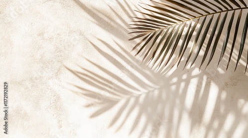 The shadow of palm leaves casts intricate patterns on a white concrete wall, creating a subtle play of light and texture in soft beige tones. photo