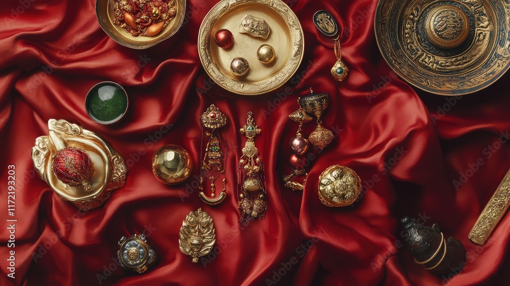 A set of lucky charms and ornaments arranged on a red silk cloth with gold accents, leaving ample negative space. A set of lucky charms and ornaments arranged on a red silk cloth with gold accents, leaving ample negative space.