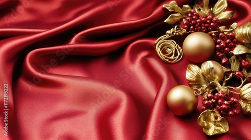 A set of lucky charms and ornaments arranged on a red silk cloth with gold accents, leaving ample negative space.