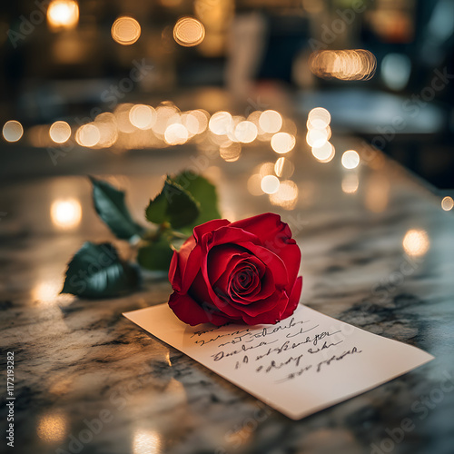 Fototapeta Naklejka Na Ścianę i Meble -  A single red rose placed on a marble table next to a handwritten note.
