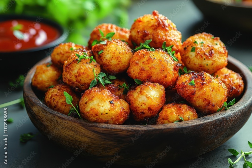 goldenfried popcorn chicken arranged on a rustic wooden platter garnished with herbs evoking comfort food vibes in a cozy inviting atmosphere goldenfried popcorn chicken arranged on a rustic wooden platter garnished with herbs evoking comfort food vibes in a cozy inviting atmosphere