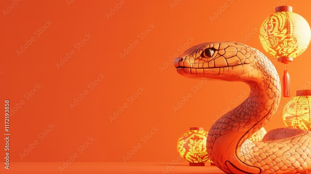 Fototapeta premium Wooden Snake Sculpture With Chinese Lanterns