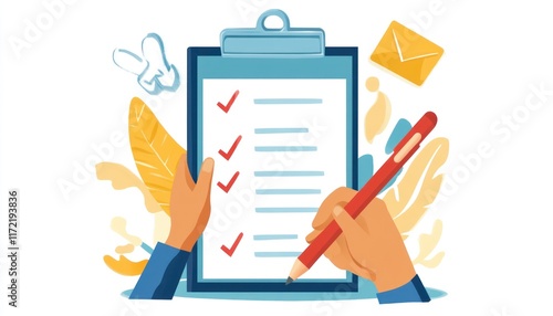 Checklist, hands, completing tasks, digital background, project management