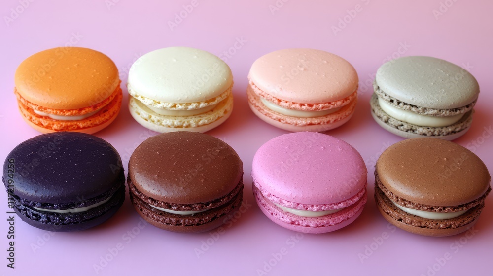 Fototapeta premium A top-down shot of assorted colorful macarons arranged neatly on a pastel background with copy space.
