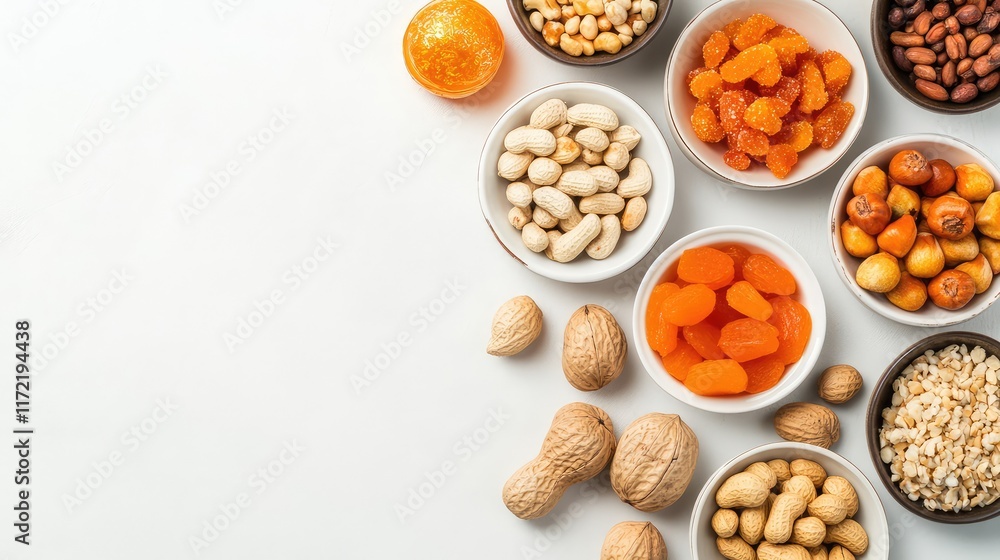 A top-down view of festive Chinese New Year snacks like candied fruits and peanuts, placed on a clean ceramic plate with ample copy space. A top-down view of festive Chinese New Year snacks like candied fruits and peanuts, placed on a clean ceramic plate with ample copy space.