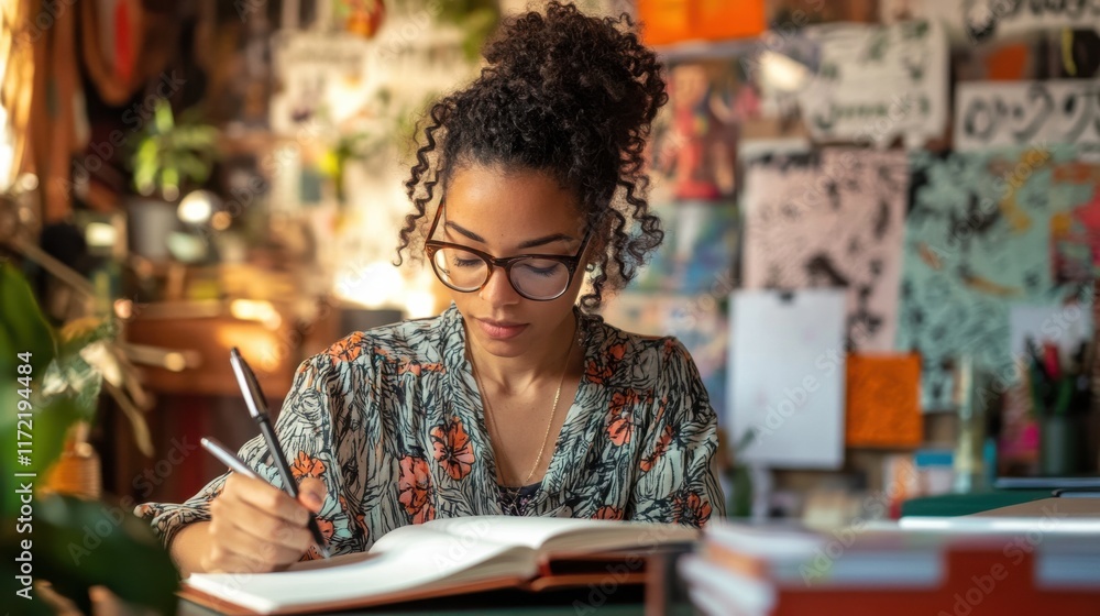 A young professional writing down their goals in a notebook, surrounded by a cozy workspace with motivational quotes and a vision board in the background, reflecting personal growth. A young professional writing down their goals in a notebook, surrounded by a cozy workspace with motivational quotes and a vision board in the background, reflecting personal growth.