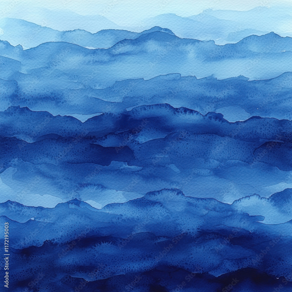 Blue watercolor mountain landscape, misty layers, background texture, art print Blue watercolor mountain landscape, misty layers, background texture, art print