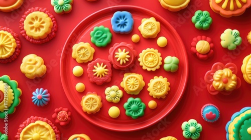A vibrant setup of festive pastries and mooncakes placed on a red ceramic platter, surrounded by symbolic decorations with ample room for text.