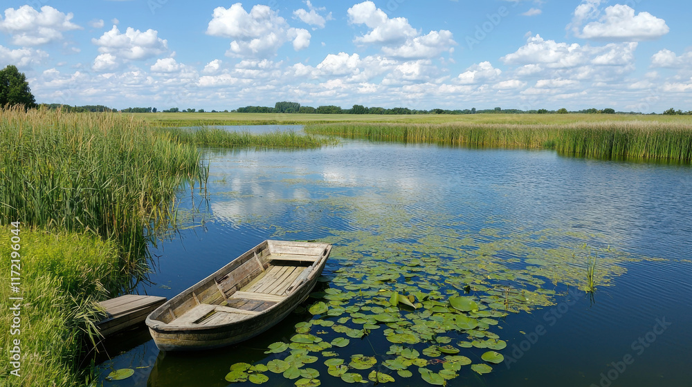 Tranquil Pond in Countryside with Fishing Boat and Lush Surroundings Tranquil Pond in Countryside with Fishing Boat and Lush Surroundings