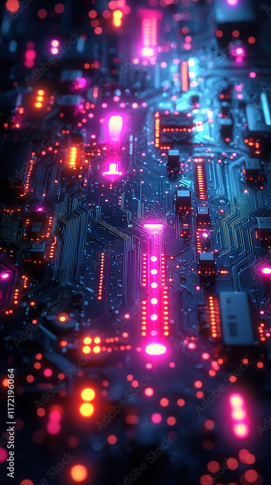 Fototapeta premium Abstract glowing circuit board with neon electric blue, green, and pink lines, creating intricate, interconnected patterns on a dark background, symbolizing technology and digital transformation 