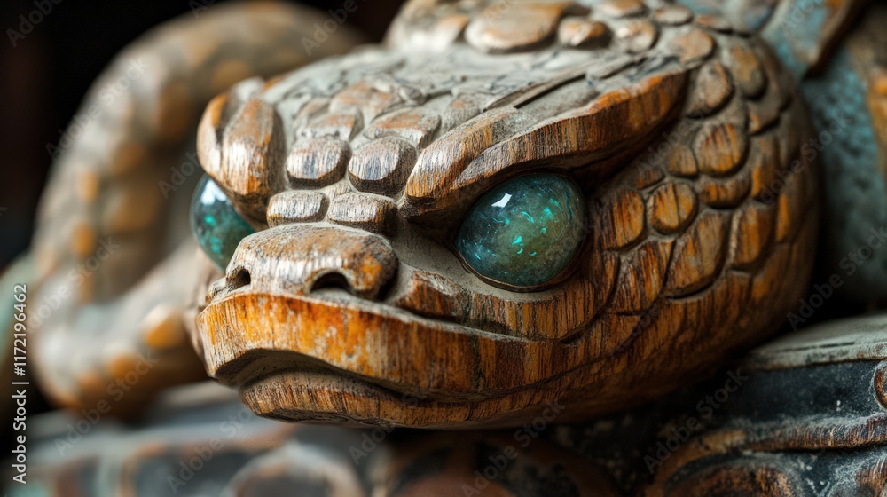 Fototapeta premium Intricate Wooden Snake Carving With Glass Eyes